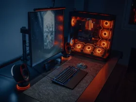 Setup gaming avec bureau et éclairage ambiant