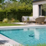 Piscine extérieure avec robot de nettoyage dans un jardin