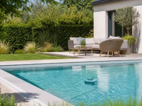 Piscine extérieure avec robot de nettoyage dans un jardin