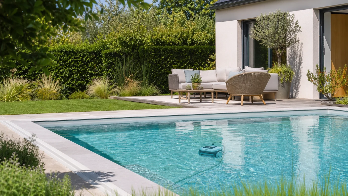 Piscine extérieure avec robot de nettoyage dans un jardin